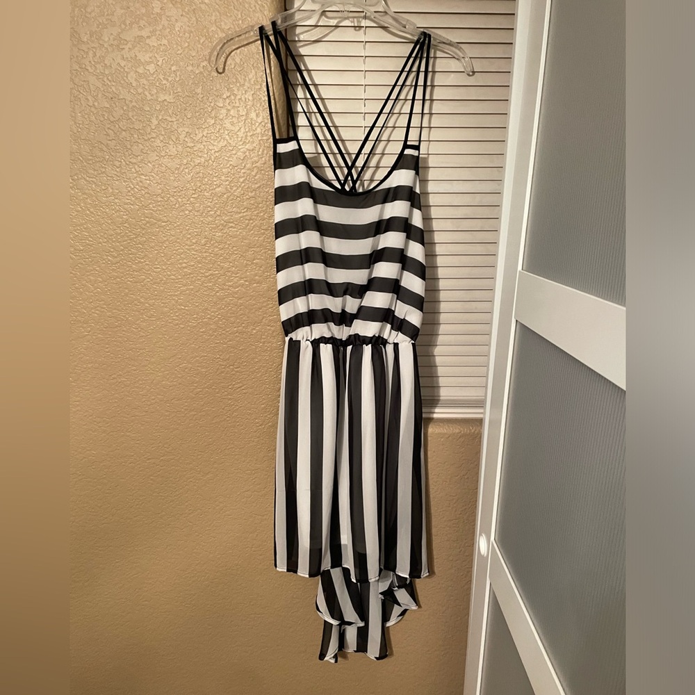 Black & white striped high low strappy dress